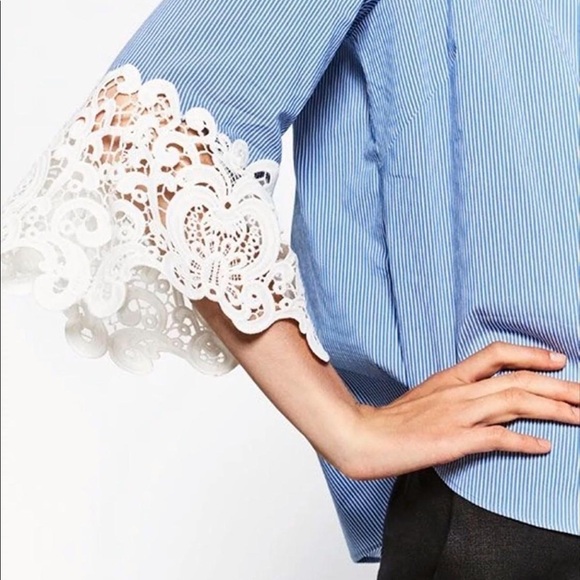 ZARA Pinstripe Crochet Lace Guipure Sleeve Blouse - Picture 3 of 10